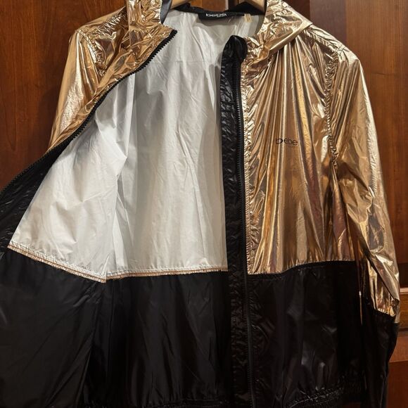 NWT Bebe Sport Womens Gold Hooded Metallic Full Zip Windbreaker Jacket Large - Picture 11 of 16